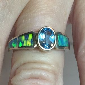 Blue Topaz Mother of Pearl Silver Ring Size 7